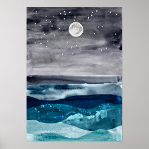 Vattenfärgad abstrakt havslandskap Modern konst ha Poster