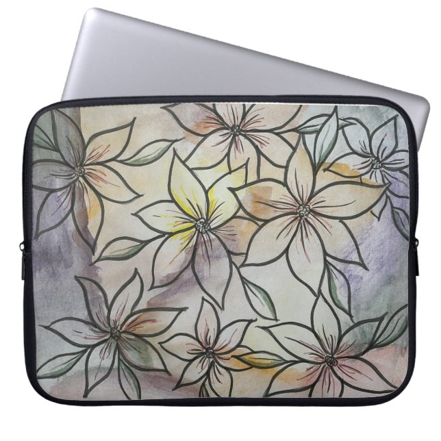 Vattenfärgad abstrakt med svartvit blommigt laptop fodral (Framsidan)