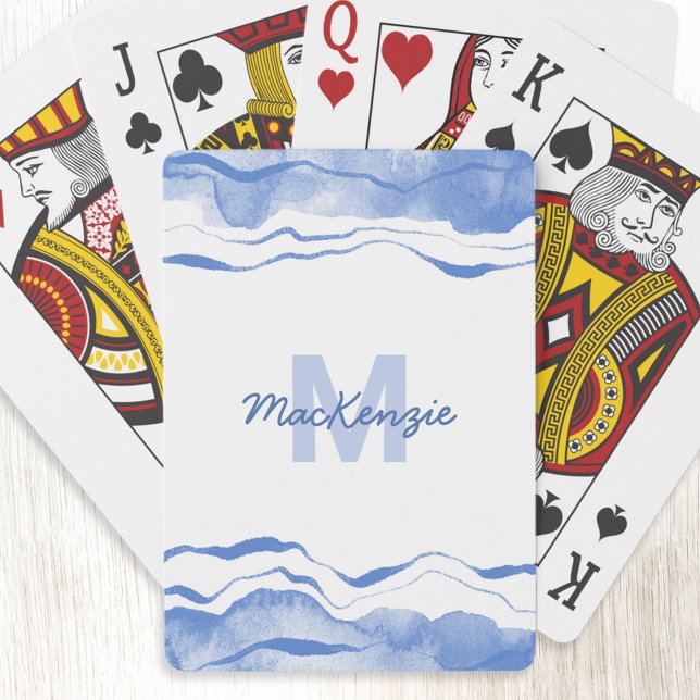 Vattenfärgad Abstrakt Monogram Casinokort (Blue and white watercolor abstract monogram initial name personalized art playing cards)
