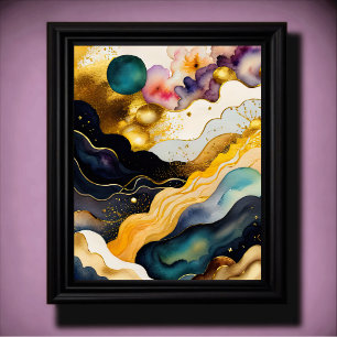 Vattenfärgad Abstrakt Organic Painting Guld 4:5 Poster