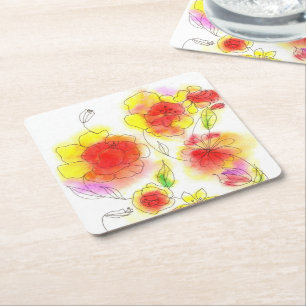 Vattenfärgad abstrakt röd och gula blommor underlägg papper kvadrat