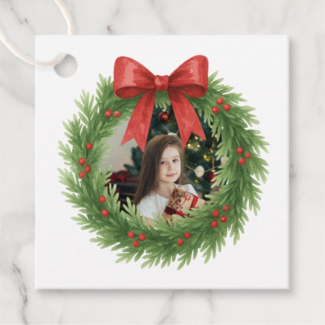 Vattenfärgad andedräkt Foto Modern jul Gåvor Etiketter (Framsida)