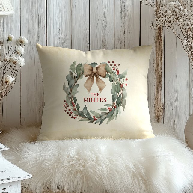 Vattenfärgad andejul kudde (Watercolor Eucalyptus Christmas Wreath Custom Pillow)