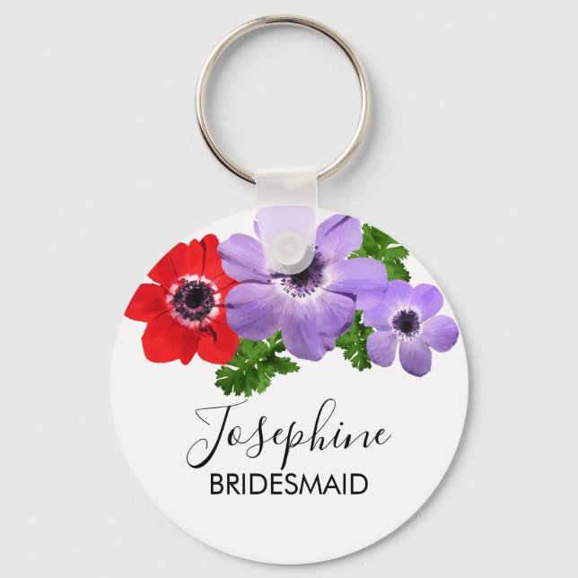 Vattenfärgad Anemone-Blommigt Bridesmaid Keychain Nyckelring (Framsida)