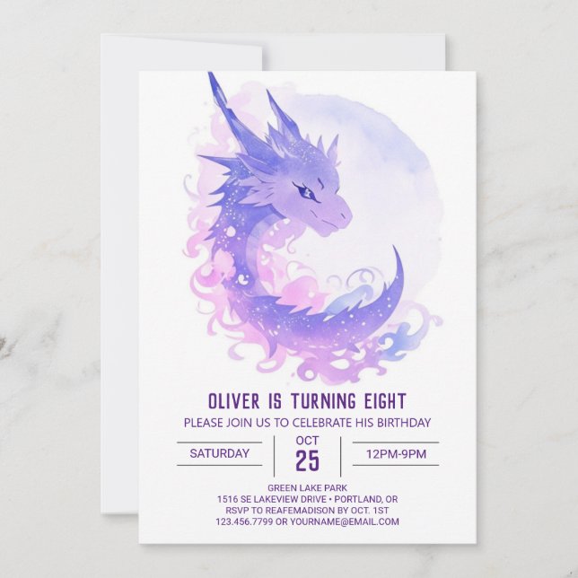 Vattenfärgad Anpassningsbar Dragon Birthday Inbjudningar (Framsida)