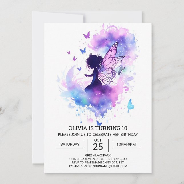 Vattenfärgad Anpassningsbar Fairy Birthday Inbjudningar (Framsida)