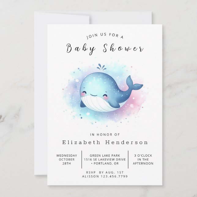 Vattenfärgad Anpassningsbar Whale Baby Shower Inbjudningar (Framsida)
