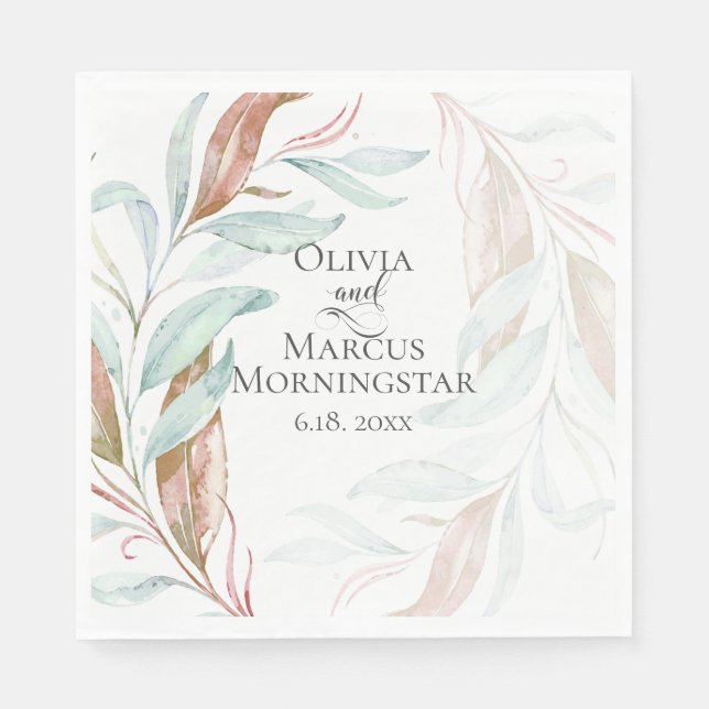 Vattenfärgad Aqua Coral Eucalyptus Löv Pappersservett (Framsidan)