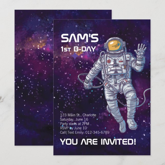 Vattenfärgad astronaut i rymden med stjärnor och G Inbjudningar (Fram/baksida)