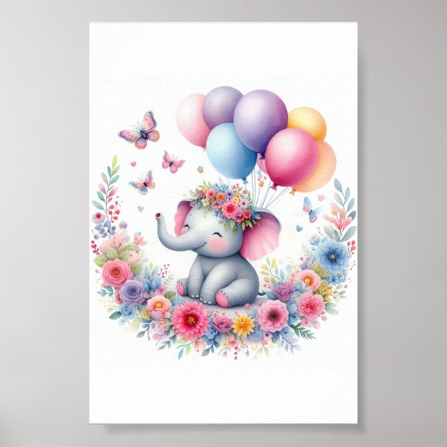 Vattenfärgad Baby-elefant med ballonger och blommo Poster (Framsidan)