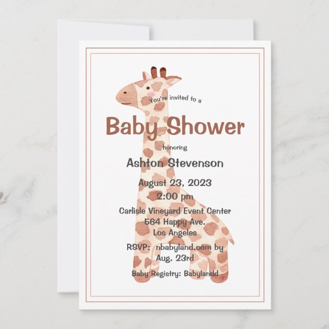 Vattenfärgad Baby Giraffe Simple Baby Shower Inbjudningar (Framsida)