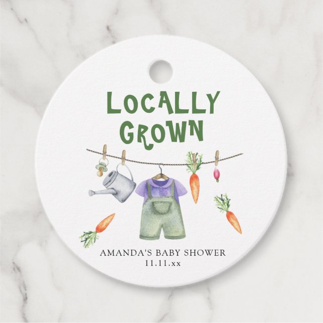 Vattenfärgad babydusch för lokalt odlade grönsaker gåvor etiketter (Framsida)