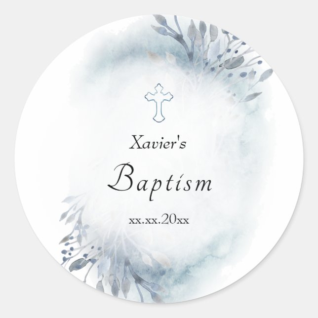 vattenfärgad blå blad | Baptism Runt Klistermärke (Framsida)