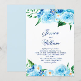 Vattenfärgad blå Blommigt Greenery Light Bröllop Inbjudningar