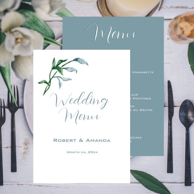 Vattenfärgad blå Grönt Löv Bröllop Meny (Watercolor Blue Green Leaves Wedding Menu)