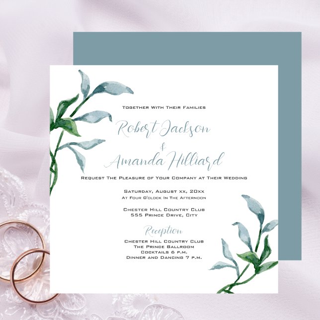 Vattenfärgad blå Grönt Löv Elegant bröllop Inbjudningar (Watercolor Blue Green Leaves Elegant Wedding Invitation)