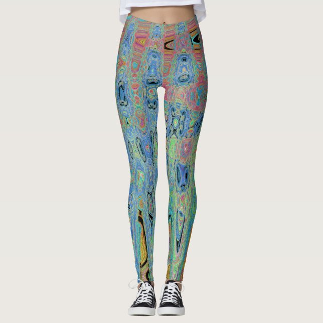 Vattenfärgad blå Groovy Abstrakt Retro Atomic Vink Leggings (Framsida)