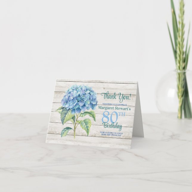 Vattenfärgad blå Hydrangea 80:e födelsedagen Tack Kort (Framsida)