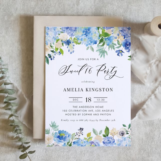 Vattenfärgad blå Hydrangea Blommigt Söt 16 Party Inbjudningar (Skapare uppladdad)