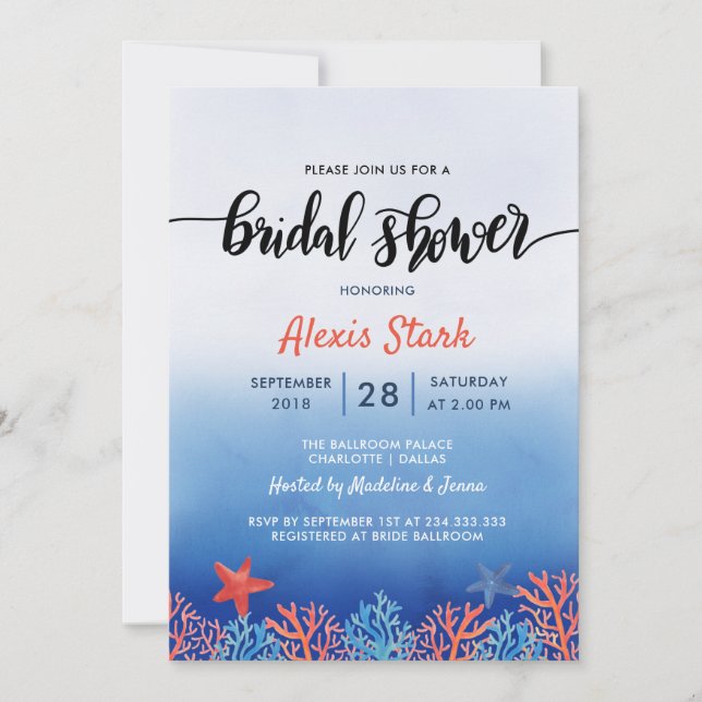 Vattenfärgad blå korall Starfish Ocean-Möhippa Inbjudningar (Framsida)