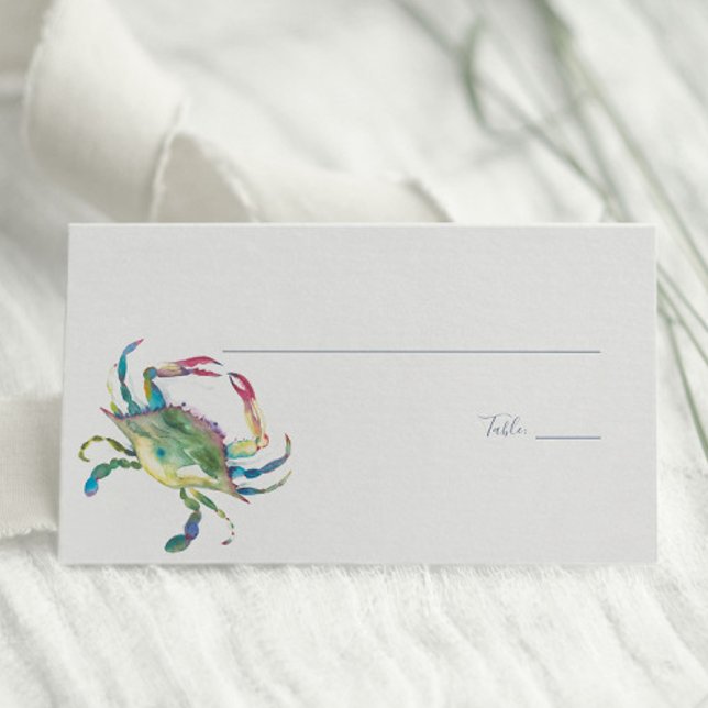 Vattenfärgad blå krabba Kusten Bröllop Placeringskort (Place cards feature watercolor blue crab beach art by Victoria Grigaliunas of Do Tell A Belle)