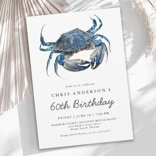 Vattenfärgad blå krabba Seafood 60:e födelsedagen Inbjudningar