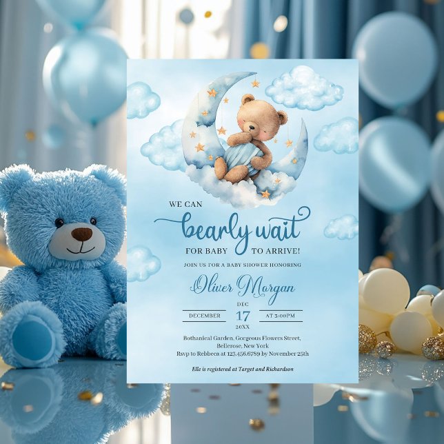 Vattenfärgad blå och brun nalle över måne inbjudningar (boy baby shower invitation with teddy bear we can bearly wait )