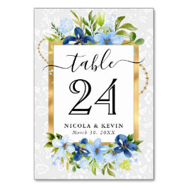 Vattenfärgad blå och marinblå blommor Bröllop Bordsnummer