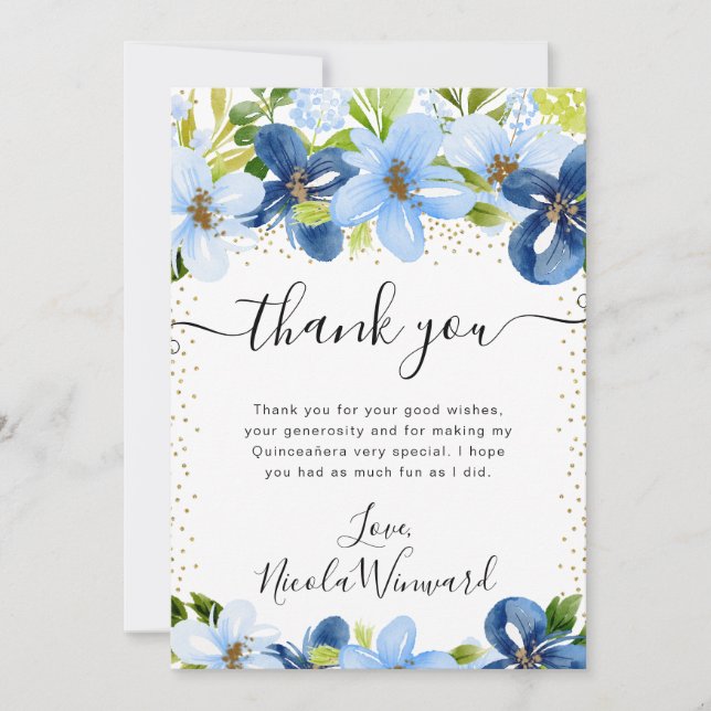 Vattenfärgad blå och marinblå blommor Quinceanera Tack Kort (Framsida)