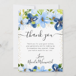 Vattenfärgad blå och marinblå blommor Quinceanera Tack Kort