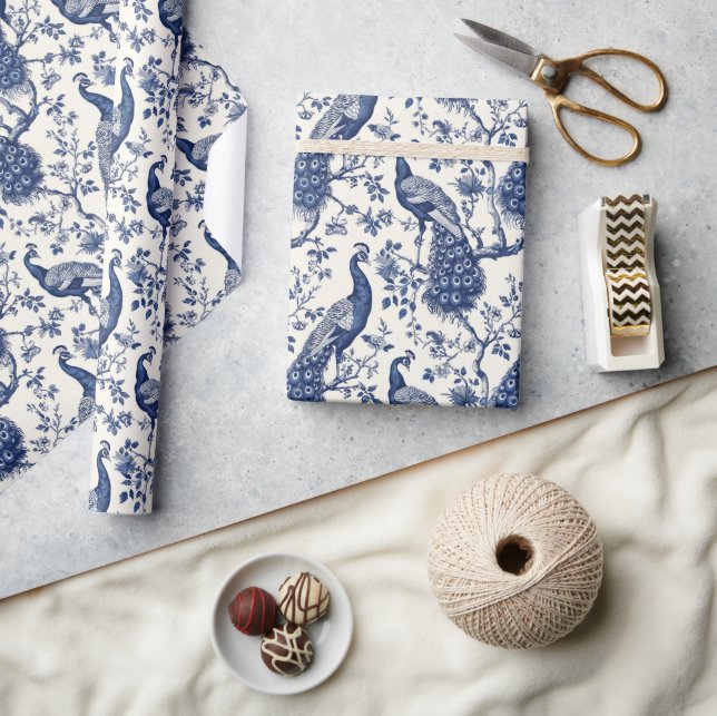 Vattenfärgad blå och vit China-pjäs-chinoserie Presentpapper (Hantverk)