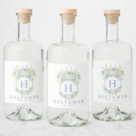 Vattenfärgad blå och vit Hydrangea-Vapensköld Spritflaskor Etikett
