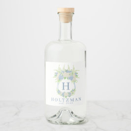 Vattenfärgad blå och vit Hydrangea-Vapensköld Spritflaskor Etikett