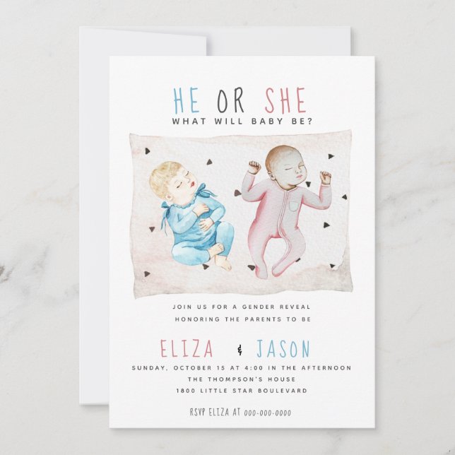 Vattenfärgad blå Rosa som han eller hon Gender för Inbjudningar (Framsida)