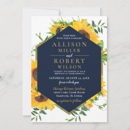 Vattenfärgad blå solrosrot Rustic Bröllop Inbjudningar