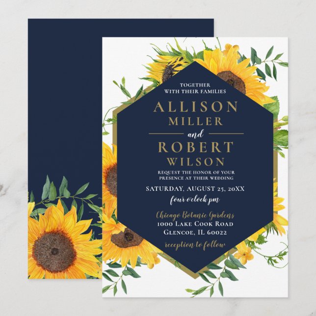 Vattenfärgad blå solrosrot Rustic Bröllop Inbjudningar (Fram/baksida)