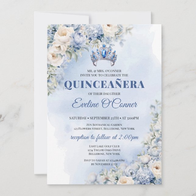 Vattenfärgad blåa blommor eucalyptus Quinceañera Inbjudningar (Framsida)