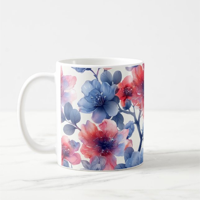 Vattenfärgad, blåa blommor på vitt kaffemugg (Vänster)