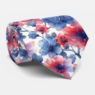 Vattenfärgad, blåa blommor på vitt slips