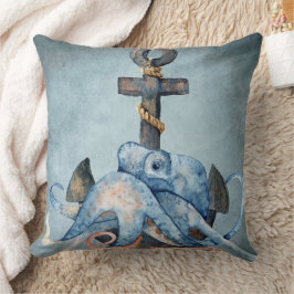 Vattenfärgad bläckfisk och anchor Nautical Beach Kudde