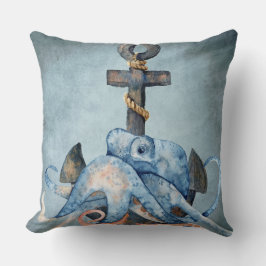 Vattenfärgad bläckfisk och anchor Nautical Beach Kudde