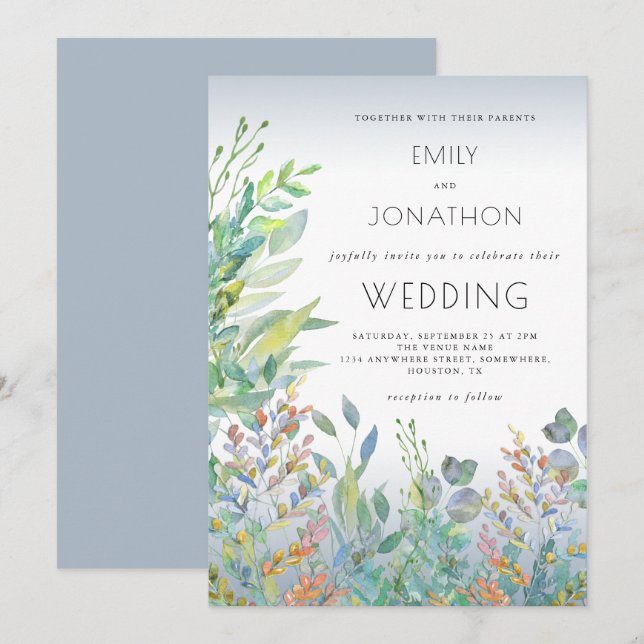 Vattenfärgad bläckfiskglaset Dusty Blue Bröllop Inbjudningar (Fram/baksida)