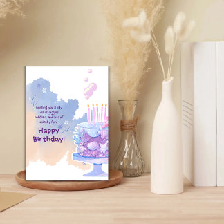 Vattenfärgad blått och Lila Cute Birthday Hälsning Kort