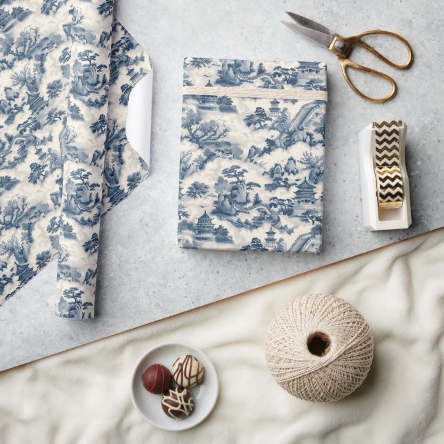 Vattenfärgad blått och vitt China castle pagoda Presentpapper (Hantverk)