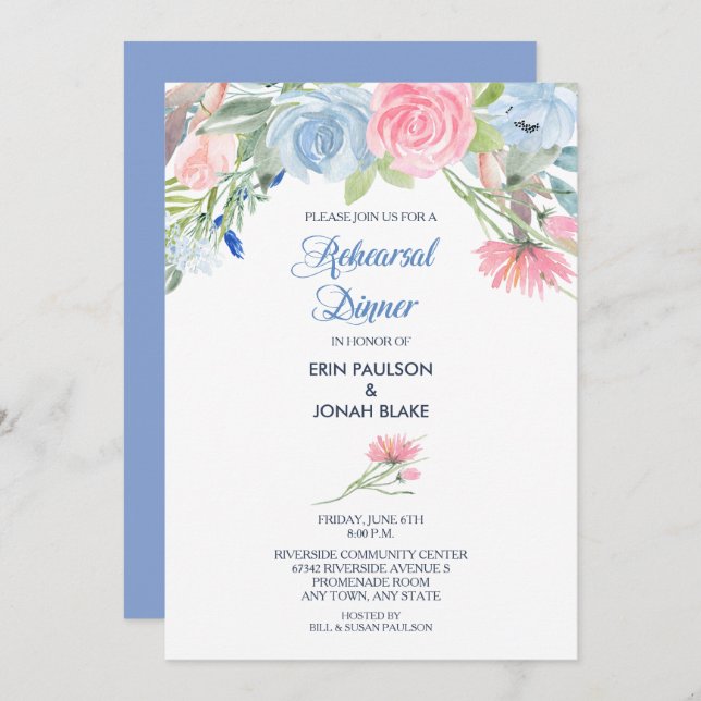 Vattenfärgad blått Rosa Blommigt - repetitionsmidd Inbjudningar (Fram/baksida)