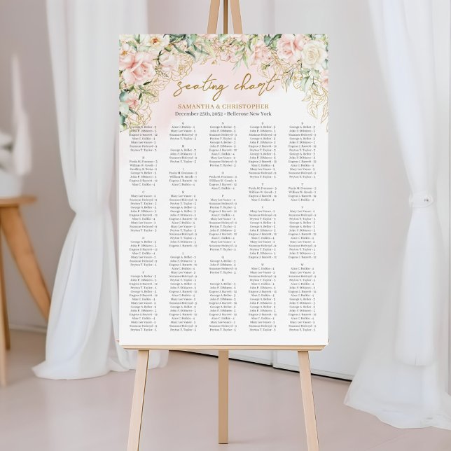 Vattenfärgad blek rosa ros eucalyptus Alfaabetisk Poster (Elegant Boho blush floral gold frame wedding seating chart)