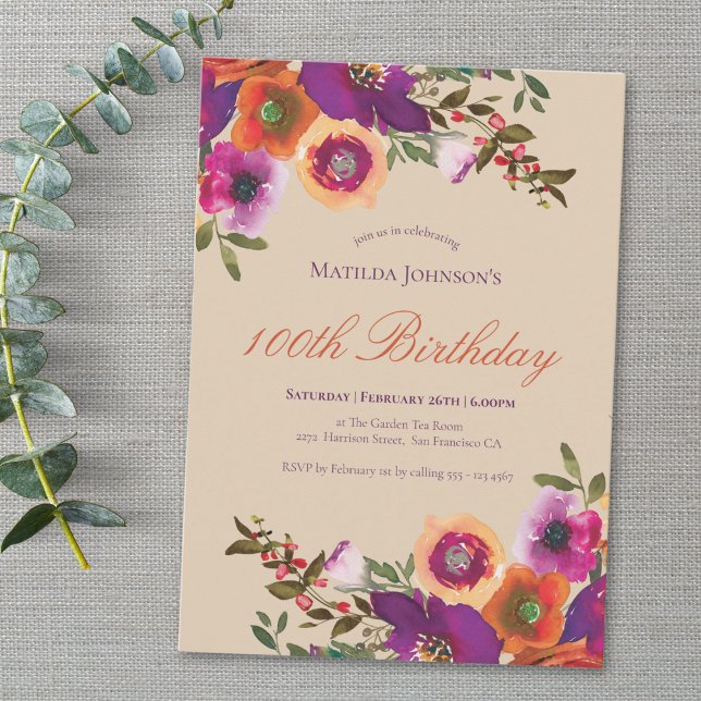 Vattenfärgad Blommigt - 100:e födelsedagsinbjudan Inbjudningar (Watercolor Floral Fall 100th Birthday Invitation)