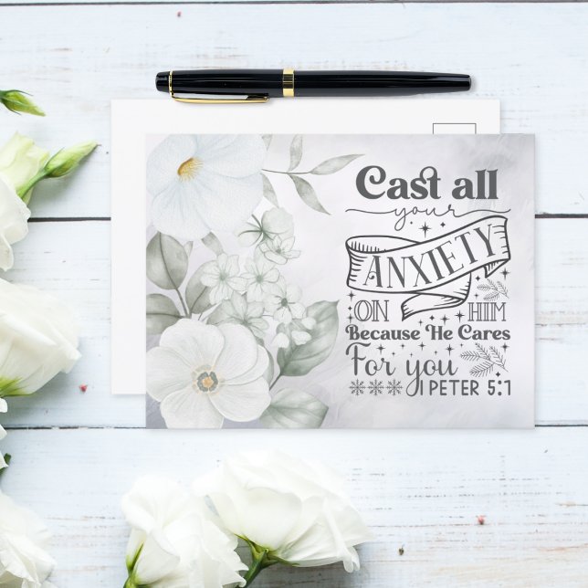 Vattenfärgad Blommigt | 1 Peter 5:7 Bible Verse Vykort (Skapare uppladdad)
