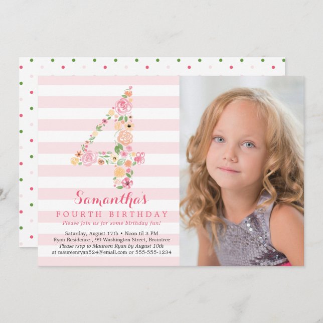 Vattenfärgad Blommigt 4/fjärde födelsedagen med fo Inbjudningar (Fram/baksida)