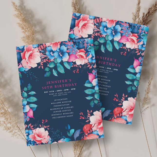 Vattenfärgad Blommigt 50:e födelsedagsprogrammets  Inbjudningar (Watercolor Floral 50th Birthday Program Navy )
